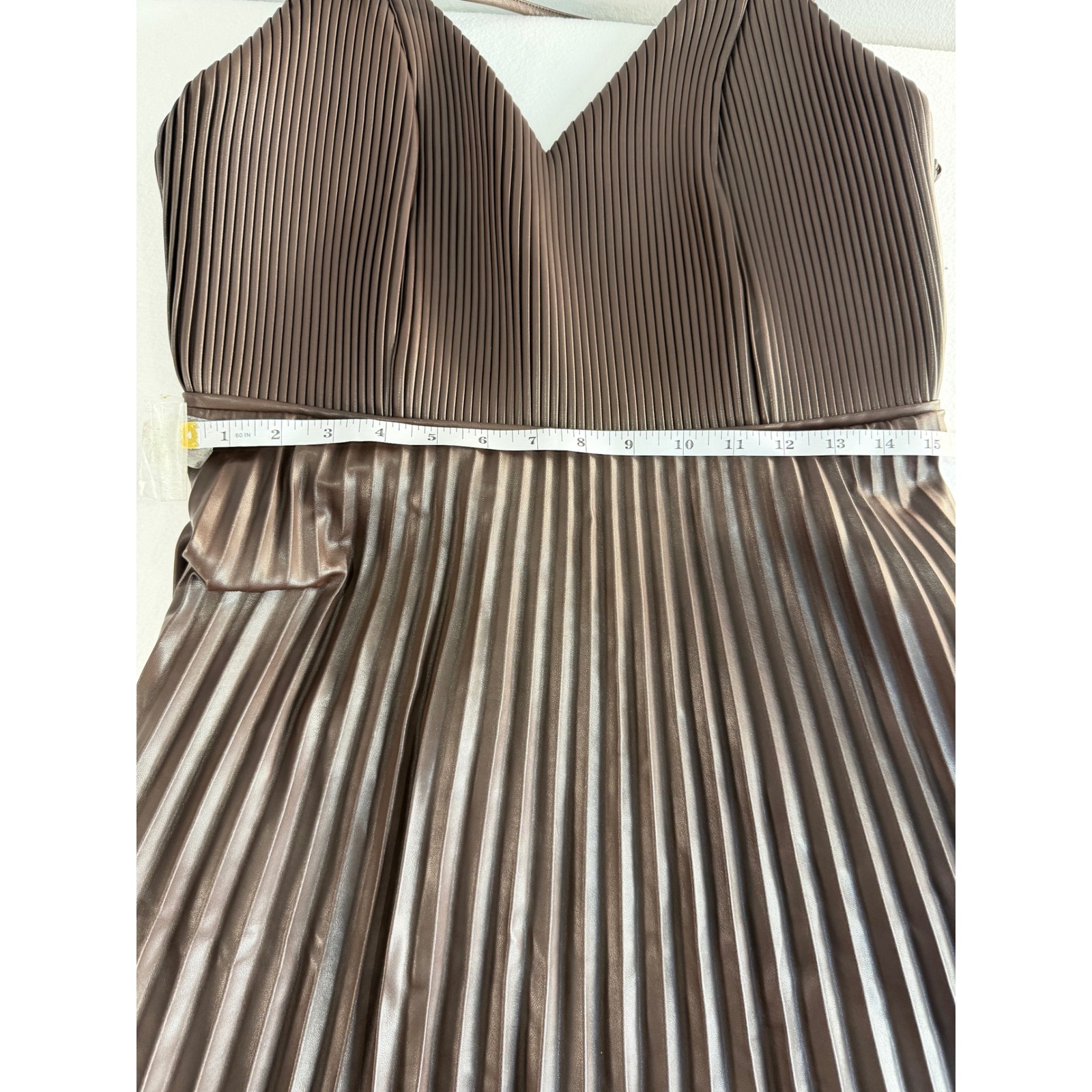 Banana Republic Pleated Vegan Leather Dress Womens 10 Brown Midi Faux Party Boho — image 5 of 8
